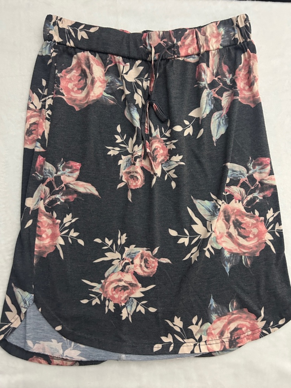 Tickled Teal Charcoal High-Low Floral Skirt with Pink Roses